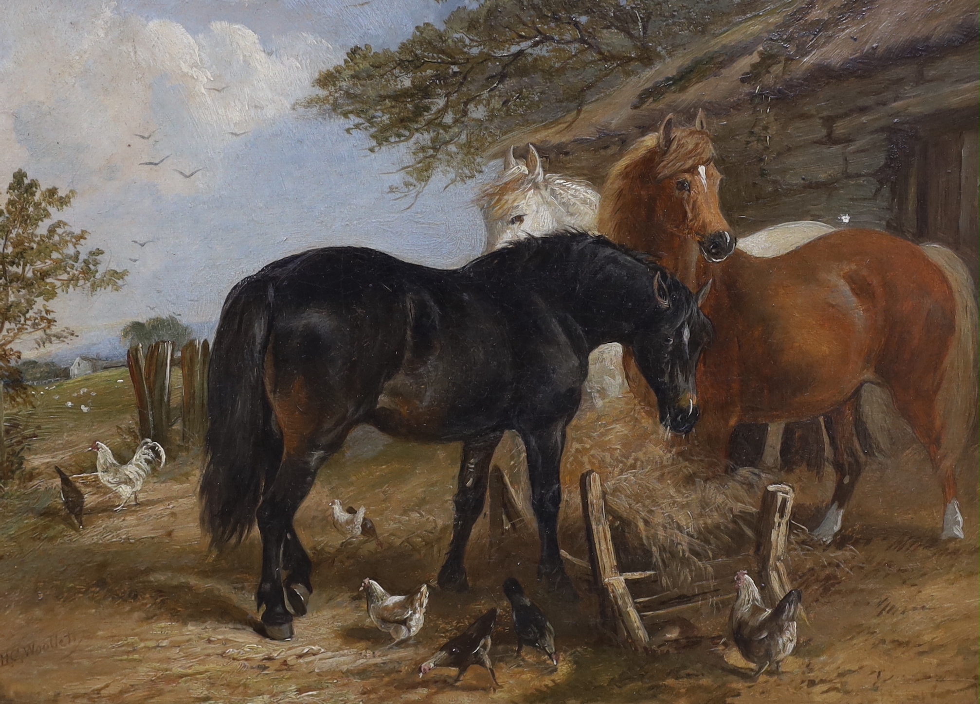 Henry Charles Woollett (1826 - 1893) pair of oils on canvas, Farmyard scenes with horses and chickens, signed, each 29cm x 22cm